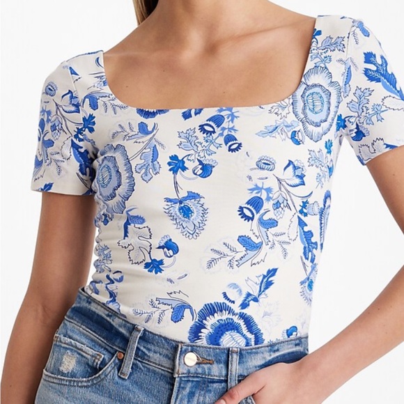 Express Tops - Express Body Contour Floral Stretch Cotton Square Neck Bodysuit
